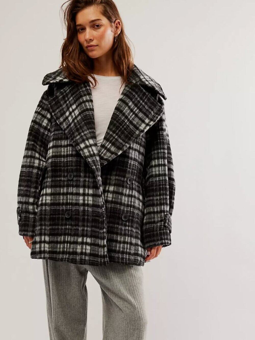 Free People Highlands Black Plaid Peacoat